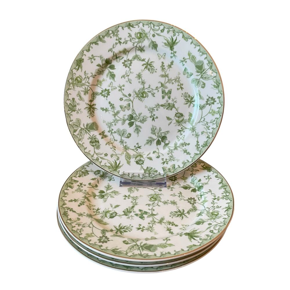 Grace Teaware Porcelain Salad Plates 8" Green & White Floral Gold Trim Set 2 New